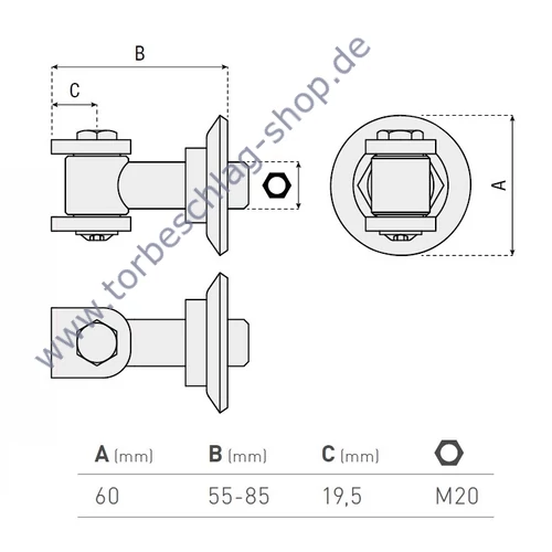 Torband verstellbar, 55-85mm, Torangel mit Anschweissplatten, M20, Anschweissscheibe Ø60mm, Achsbolzen mit Schraube befestigt
