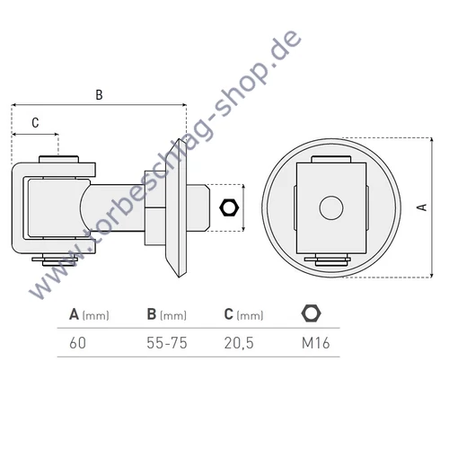Torband verstellbar, 55-75mm, Torangel mit Anschweissbügel, M16, Anschweissscheibe Ø60mm, Achsbolzen mit Seegerring befestigt