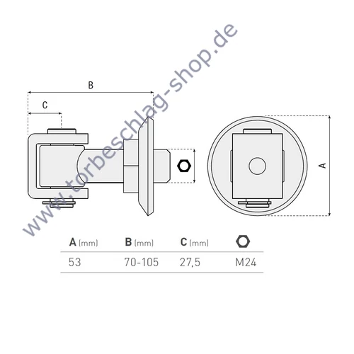 Torband verstellbar, 70-105mm, Torangel mit Anschweissbügel, M24, Anschweissscheibe Ø53mm, Achsbolzen mit Seegerring befestigt