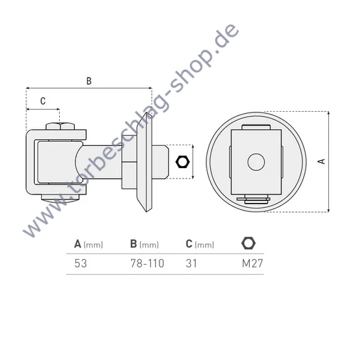 Torband verstellbar, 78-110mm, Torangel mit Anschweissbügel, M27, Anschweissscheibe Ø53mm, Achsbolzen mit Schraube befestigt