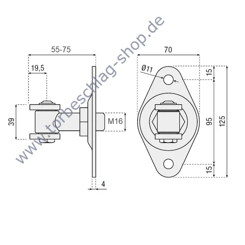 Torband verstellbar, 55-75mm, Torangel mit Anschraubplatte 70x125mm, M16, mit Anschweissplatten, Achsbolzen mit Schraube befestigt