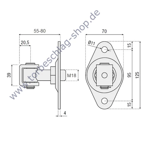 Torband verstellbar, 55-80mm, Torangel mit Anschraubplatte 70x125mm, M18, mit Anschweissbügel, Achsbolzen mit Seegerring befestigt