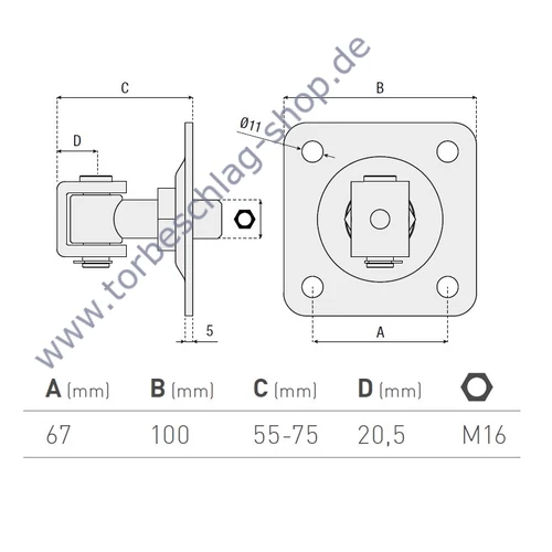 Torband verstellbar, 55-75mm, Torangel mit Anschraubplatte 100x100mm, M16, mit Anschweissbügel, Achsbolzen mit Seegerring befestigt