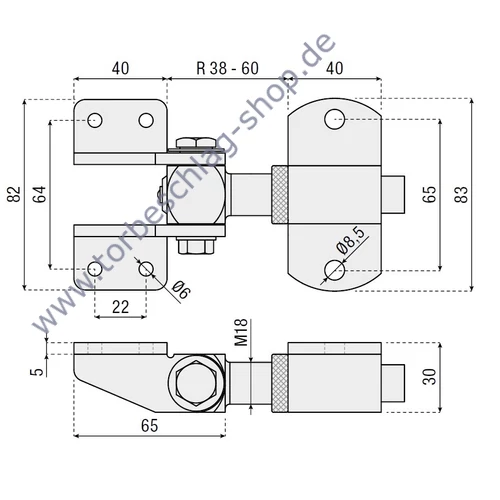 Torband 180 Grad Öffnungswinkel, verstellbar, 38-60mm, Torangel mit Anschraubplatten, M18,  Achsbolzen mit Schraube befestigt,