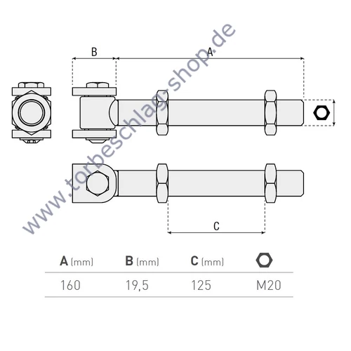 Torband verstellbar, 42- mm, Torangel zum Durchschrauben, mit Langgewinde 160mm, M20, mit Anschweissplatten,  Achsbolzen mit Schraube befestigt