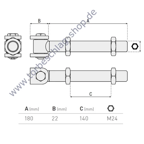 Torband verstellbar, 50- mm, Torangel zum Durchschrauben, mit Langgewinde 180mm, M24, mit Anschweissplatten, Achsbolzen mit Schraube befestigt
