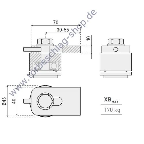 Scharnier Schwerlast, Torband oben, Torangel, kugelgelagert, Ø45mm, verstellbar, 30-55mm,  mit Anschweisslasche ≠40x10mm