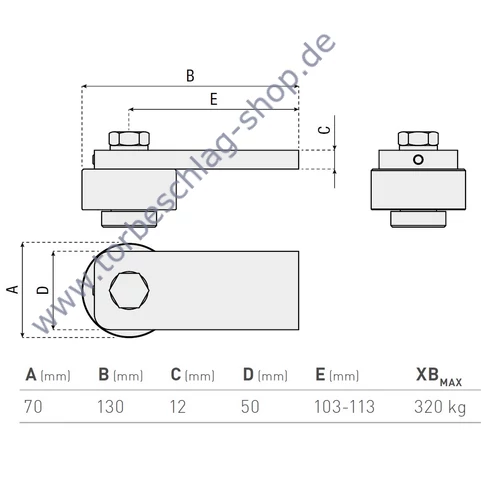 Scharnier Schwerlast, Torband oben, kugelgelagert, Torangel, Ø70mm, Torangel verstellbar, 103-113mm, mit Anschweisslasche ≠50x12mm