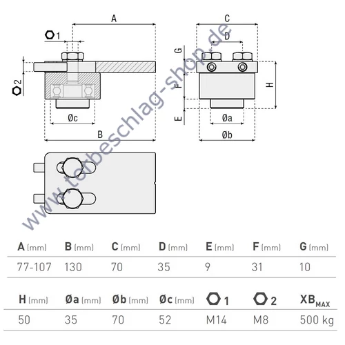 Scharnier Schwerlast, Torband oben, kugelgelagert, Torangel, Ø70mm, verstellbar, 77-107mm, mit Anschweisslasche ≠70x10mm