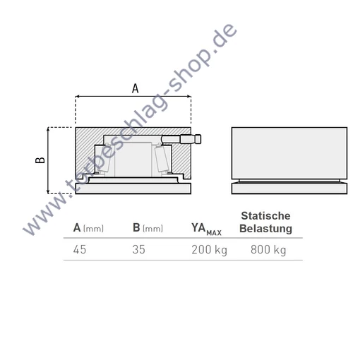 Scharnier Schwerlast, Torband unten, kugelgelagert, Torangel, 45x35mm, mit Schmiernippel