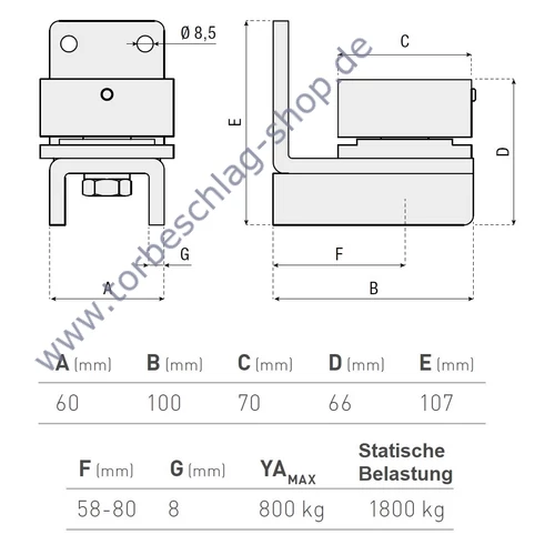 Scharnier Schwerlast, Torband unten, kugelgelagert, Torangel verstellbar, 58-80mm, mit Schmiernippel, Anschraubplatte 60mm