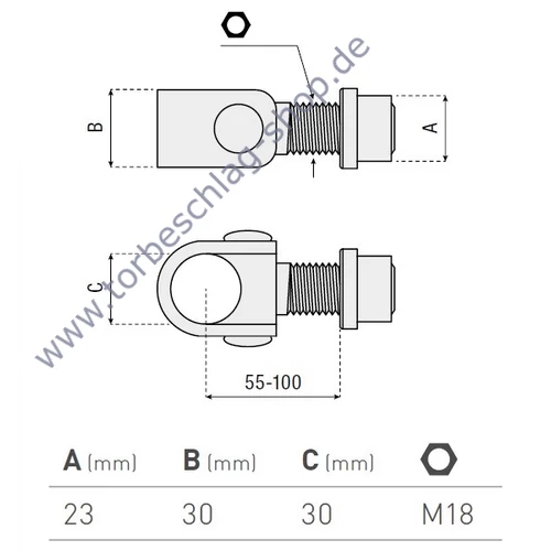 Scharnier Schwerlast, Halstorband, Torangel verstellbar, 55-100mm, M18, Anschweisshülse Ø23mm, Einbau mit Verbindungszapfen