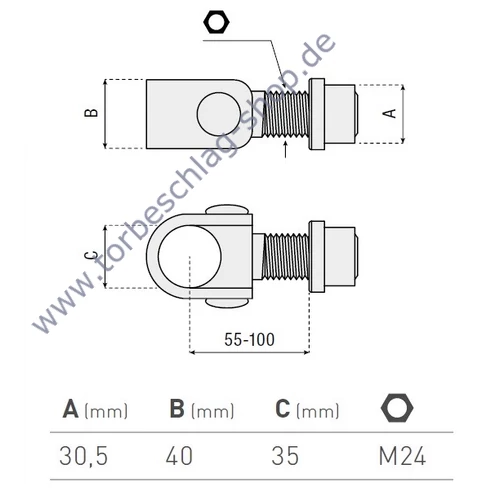Scharnier Schwerlast, Halstorband, Torangel verstellbar, 55-100mm, M24, Anschweisshülse Ø30,5mm, Einbau mit Verbindungszapfen