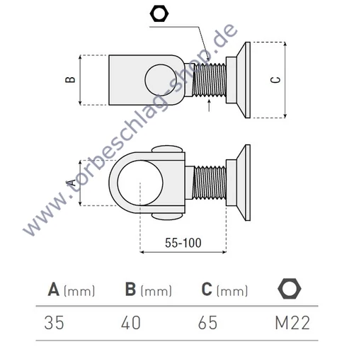 Scharnier Schwerlast, Halstorband, Torangel verstellbar, 55-100mm, M22, Anschweissscheibe Ø65mm, Einbau mit Verbindungszapfen