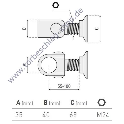 Scharnier Schwerlast, Halstorband, Torangel verstellbar, 55-100mm, M24, Anschweissscheibe Ø65mm, Einbau mit Verbindungszapfen