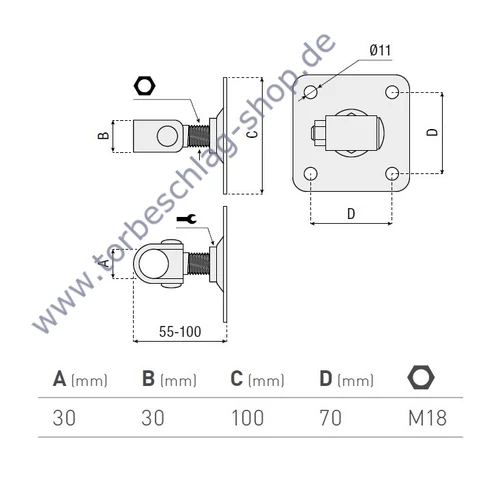 Scharnier Schwerlast, Halstorband, Torangel verstellbar, 55-100mm, M18, Anschraubplatte 100x100mm, Einbau mit Verbindungszapfen