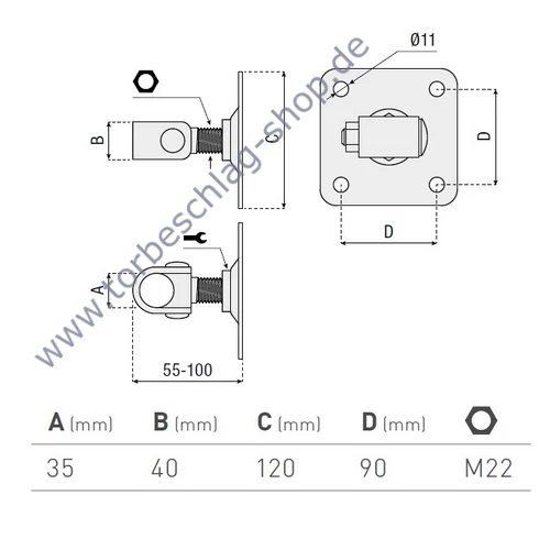 Scharnier Schwerlast, Halstorband, Torangel verstellbar, 55-100mm, M22, Anschraubplatte 120x120mm, Einbau mit Verbindungszapfen