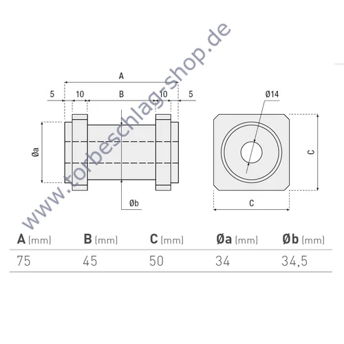 Verbindungszapfen für Halstorband, Torangel, zum Einschweissen in den Torrahmen, für Torrahmenstärke 50mm