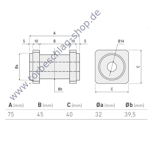 Verbindungszapfen für Halstorband, Torangel, zum Einschweissen in den Torrahmen, für Torrahmenstärke 40mm