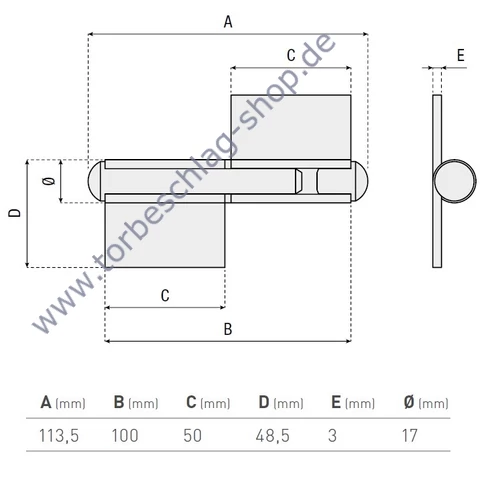 Torangel, Scharniere zum Anschweissen, Flügeltorbeschlag, rechts, Höhe 113,5mm, Durchmesser Ø17mm, Anschweissplatten 31,5x50x3mm