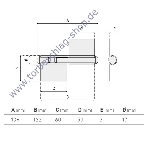 Torangel, Scharniere zum Anschweissen, Flügeltorbeschlag, rechts, Höhe 136mm, Durchmesser Ø17mm, Anschweissplatten 33x60x3mm, fester Sift