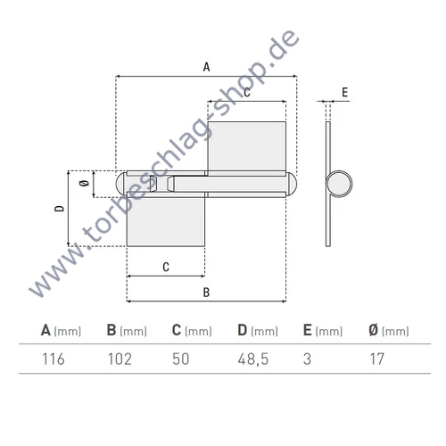 Torangel, Scharniere zum Anschweissen, Flügeltorbeschlag, rechts, Höhe 90mm, Durchmesser Ø14mm, Anschweissplatten 20x39x2,6mm, fester Sift