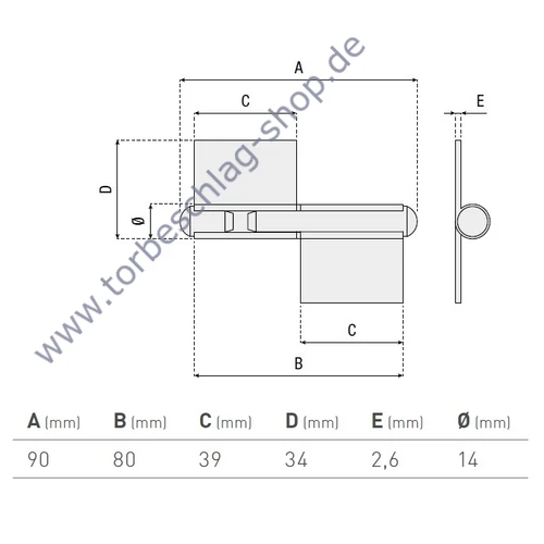 Torangel, Scharniere zum Anschweissen, Flügeltorbeschlag, links, Höhe 90mm, Durchmesser Ø14mm, Anschweissplatten 20x39x2,6mm, fester Stift