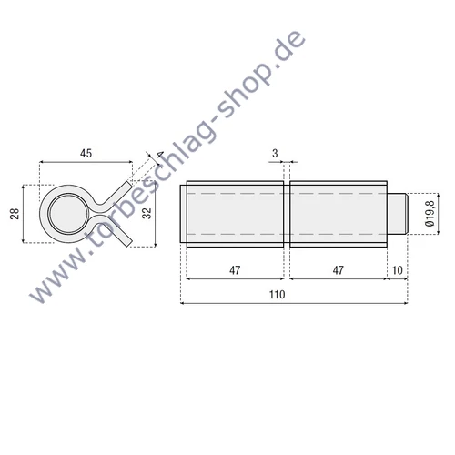 Torangel, Scharniere zum Anschweissen, Flügeltorbeschlag, Höhe 110mm, Durchmesser Ø28mm, Anscheissplatten 47mm, loser Stift