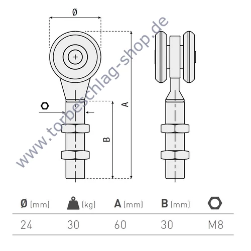 Scheunentor Rollenlaufwerk mit 2 Rollen, Ø24mm,  kugelgelagert, M8, Traglast 30 kg