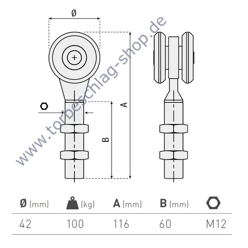 Scheunentor Rollenlaufwerk mit 2 Rollen, Ø42mm, kugelgelagert, M12, Traglast 100 kg