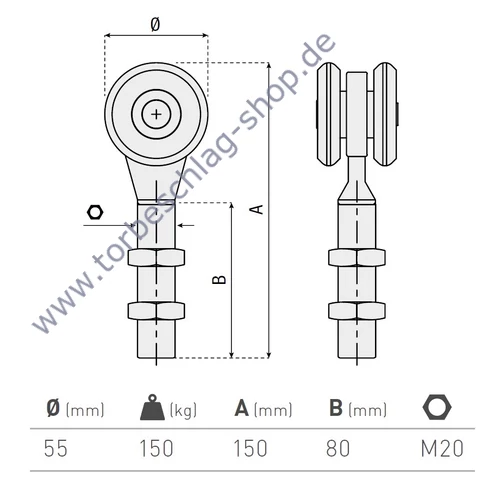 Scheunentor Rollenlaufwerk mit 2 Rollen, Ø55mm, kugelgelagert, M20, Traglast 150 kg