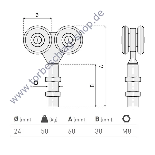Scheunentor Rollenlaufwerk mit 4 Rollen, Ø24mm, kugelgelagert, M8, Traglast 50 kg