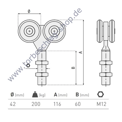 Scheunentor Rollenlaufwerk mit 4 Rollen, Ø42mm, kugelgelagert, M12, Traglast 200 kg