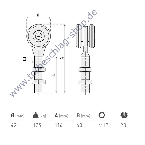Scheunentor Rollenlaufwerk mit 2 Rollen, Ø42mm, kugelgelagert, M12, Traglast 175 kg