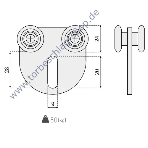 Scheunentor Rollenlaufwerk mit 4 Rollen, Ø24mm, kugelgelagert, Traglast 50 kg