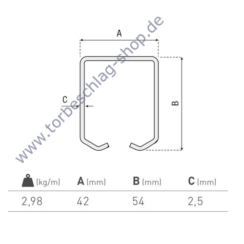 Scheunentor Schiene für Rollen Ø42mm, 42x54x2,5mm, 3 Meter, feuerverzinkt
