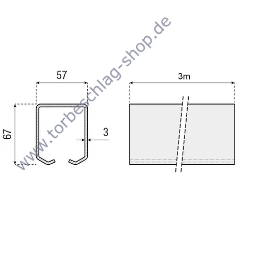 Laufschiene für freitragendes Schiebetor, Serie S / Scheunentor Schiene für Rollen Ø55mm, 57x67x3mm, 3m, feuerverzinkt