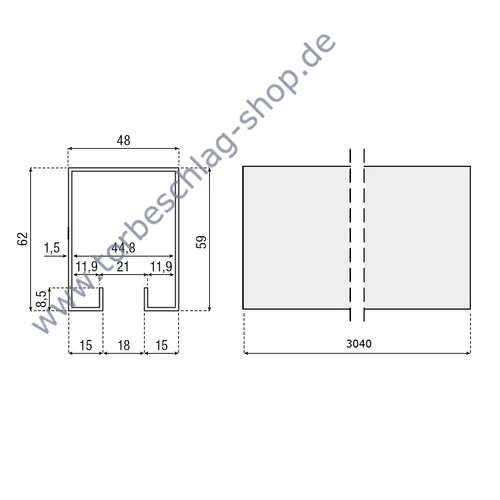 Scheunentor Schiene für Rollen Ø48mm, 48x62x1,5mm, 2,432mm, feuerverzinkt