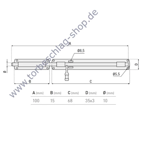 Torriegel verzinkt, Flügeltorbeschlag, zum Anschrauben, abschließbar mit Vorhängeschloss, Länge 100mm, Durchmesser Ø10mm