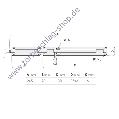 Torriegel verzinkt, Flügeltorbeschlag, zum Anschrauben, abschließbar mit Vorhängeschloss, Länge 245mm, Durchmesser Ø16mm