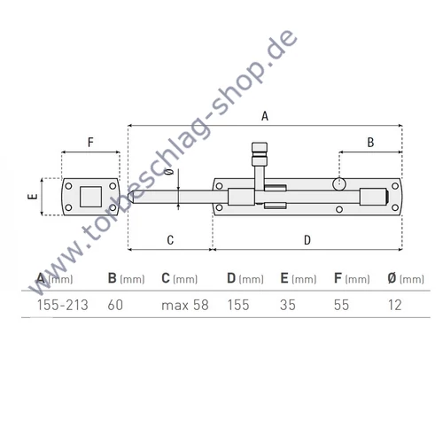 Torriegel verzinkt, Flügeltorbeschlag, zum Anschrauben, abschließbar mit Vorhängeschloss, Länge 155-213mm, Durchmesser Ø12mm
