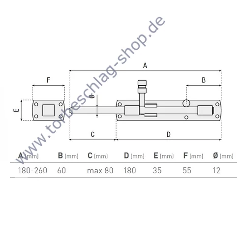 Torriegel verzinkt, Flügeltorbeschlag, zum Anschrauben, abschließbar mit Vorhängeschloss, Länge 180-260mm, Durchmesser Ø12mm