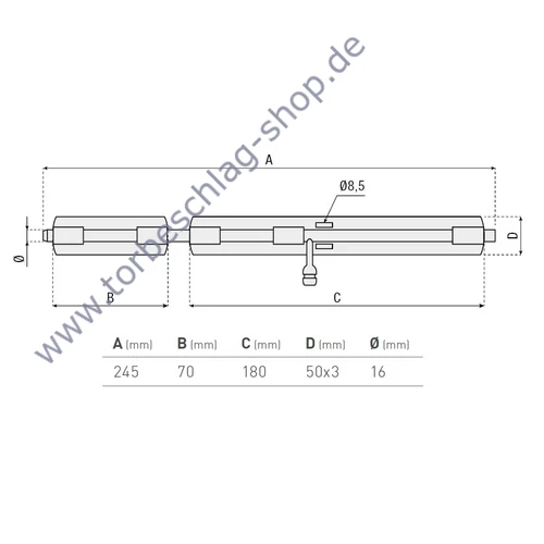 Torriegel Edelstahl, Flügeltorbeschlag, zum Anschrauben, abschließbar mit Vorhängeschloss, Länge 245mm, Durchmesser Ø16mm
